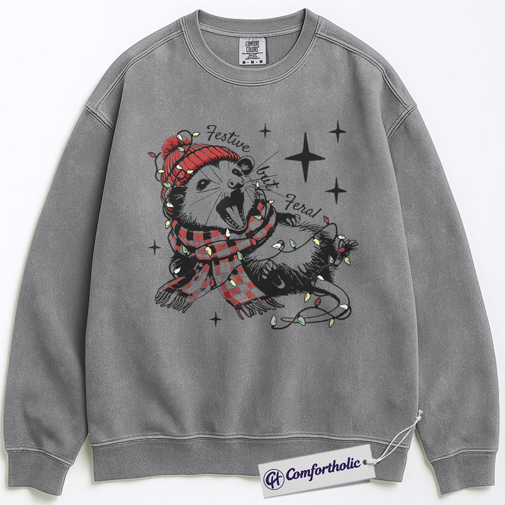 Festive but Feral Sweatshirt, Funny Raccoon Christmas Pullover, Animal Holiday Graphic Crewneck, Cute Wildlife Gift for Animal Lovers, Christmas Comfort Colors Sweatshirt - Image 2
