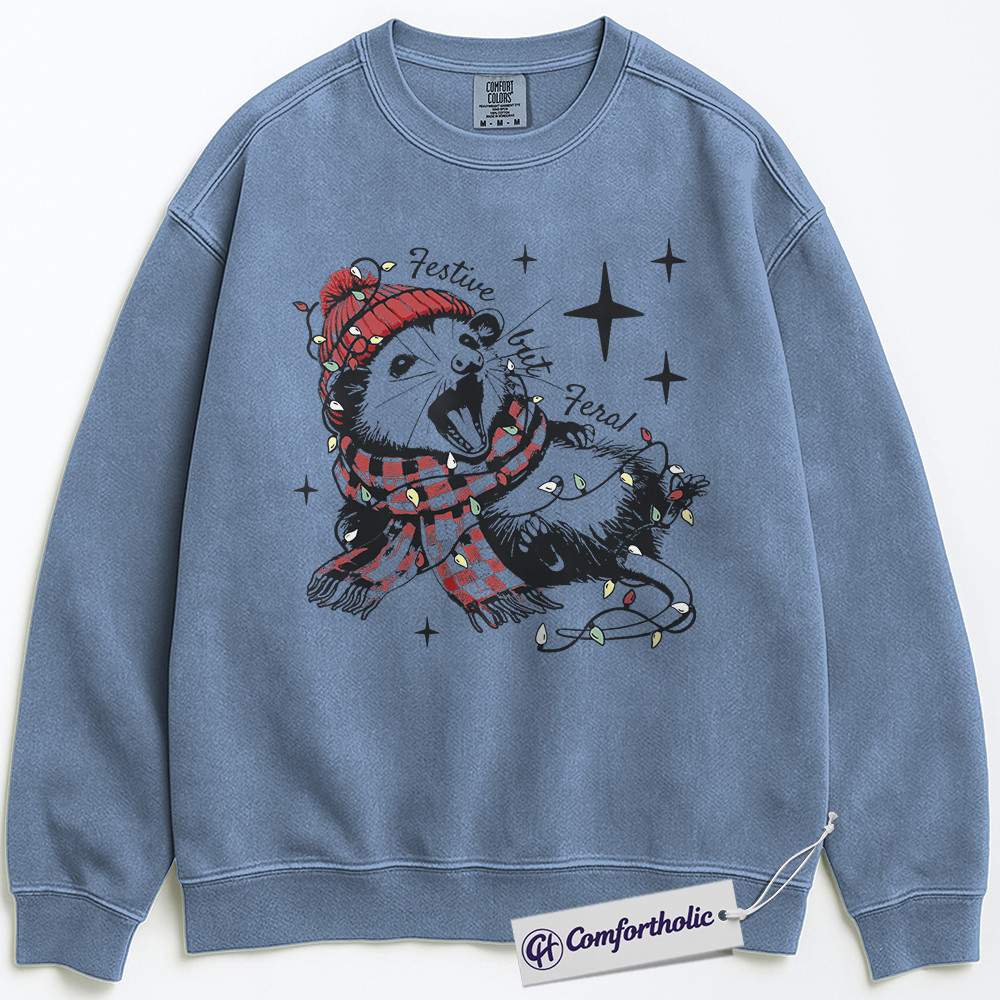 Festive but Feral Sweatshirt, Funny Raccoon Christmas Pullover, Animal Holiday Graphic Crewneck, Cute Wildlife Gift for Animal Lovers, Christmas Comfort Colors Sweatshirt - Image 3