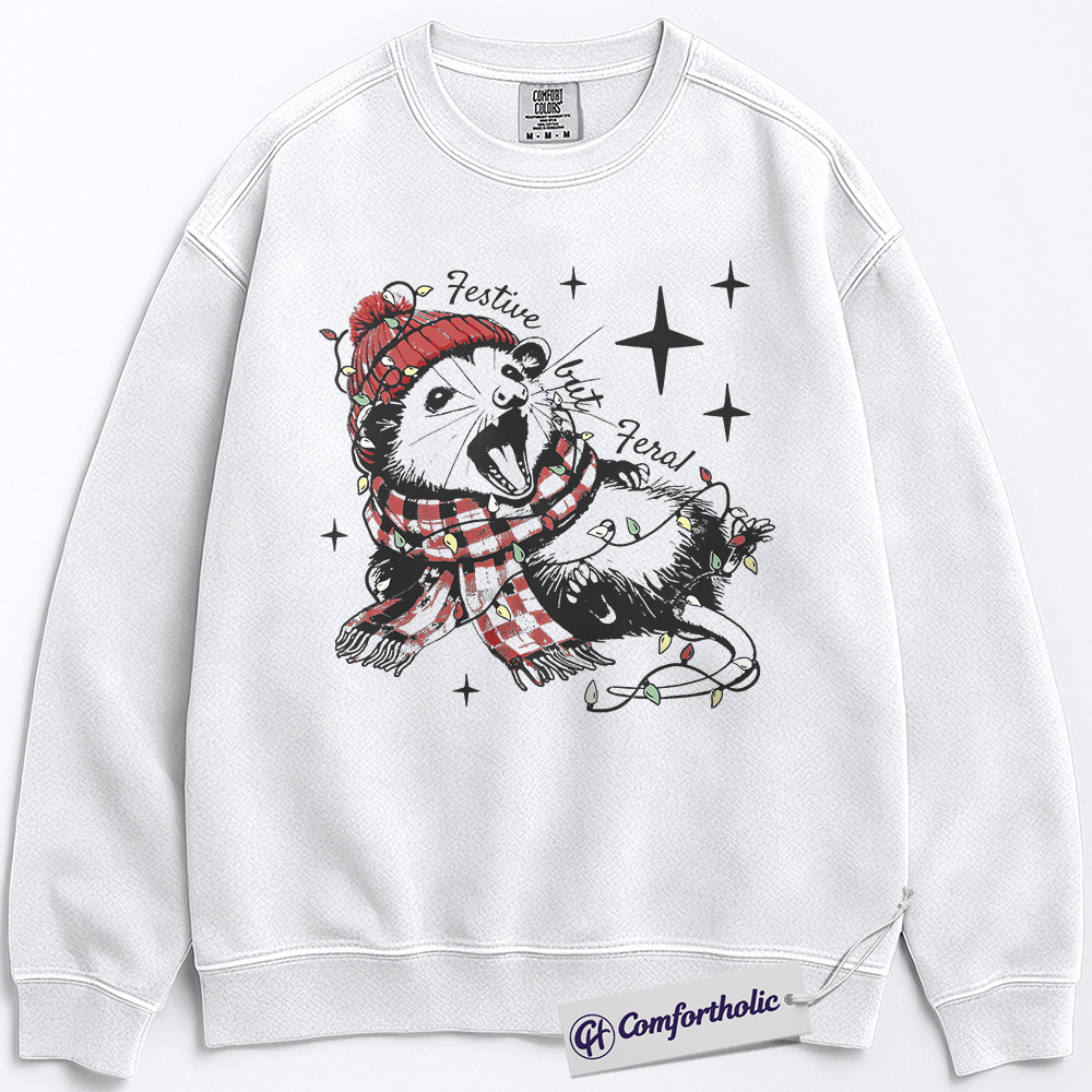 Festive but Feral Sweatshirt, Funny Raccoon Christmas Pullover, Animal Holiday Graphic Crewneck, Cute Wildlife Gift for Animal Lovers, Christmas Comfort Colors Sweatshirt