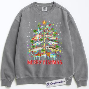 Alternative view of Merry Fishmas Sweatshirt, Funny Fishing Christmas Pullover, Humor Outdoor Lover Graphic Sweatshirt, Festive Holiday Gift for Fishermen, Christmas Comfort Colors Sweatshirt