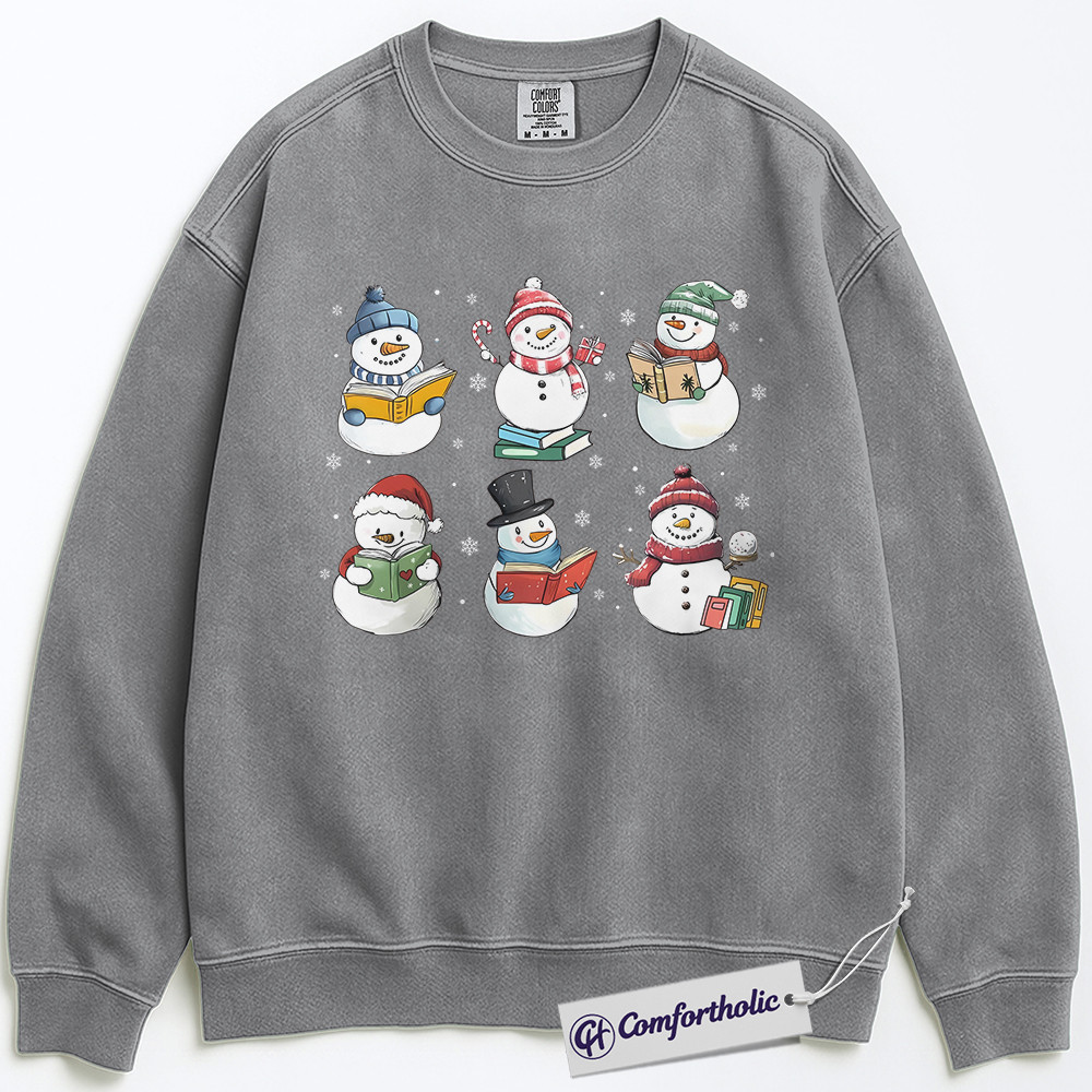 Christmas Bookworm Sweatshirt, Cute Snowman Reading Pullover, Winter Literary Graphic Sweatshirt, Holiday Gift for Teachers and Readers, Christmas Comfort Colors Sweatshirt