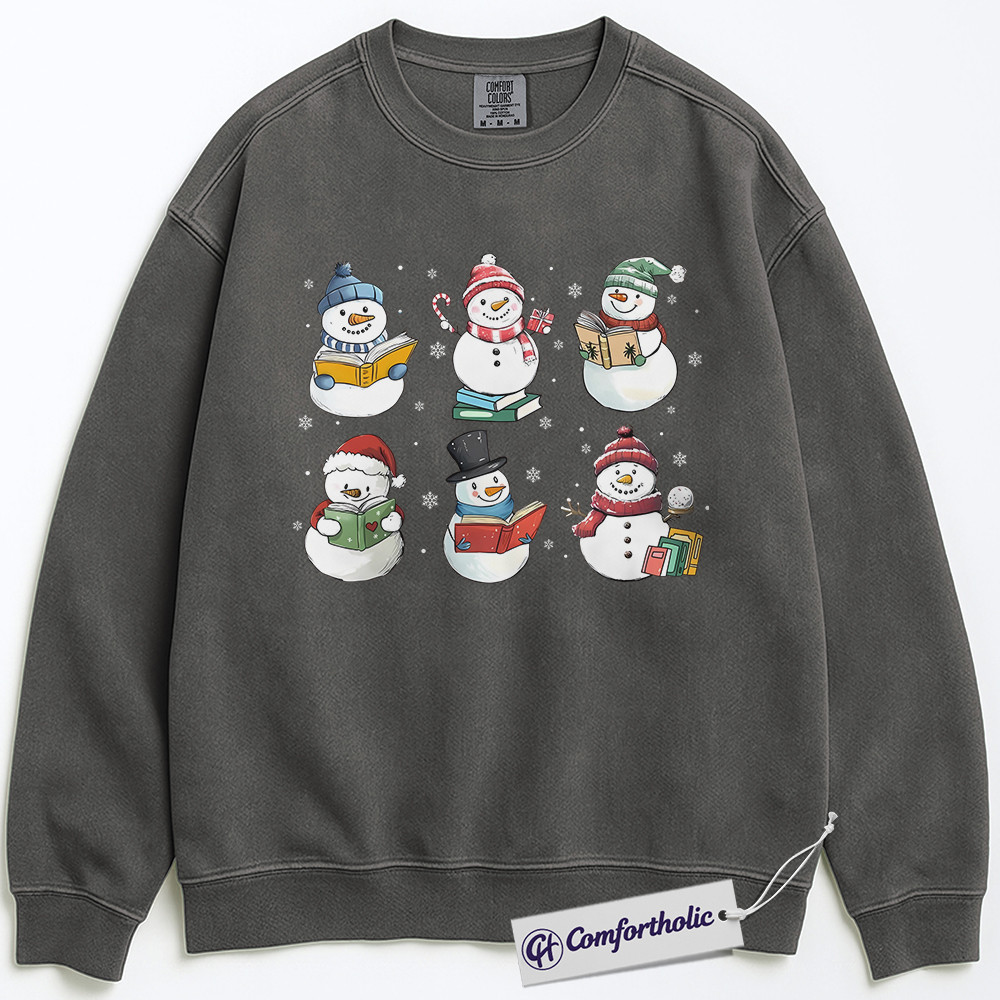 Christmas Bookworm Sweatshirt, Cute Snowman Reading Pullover, Winter Literary Graphic Sweatshirt, Holiday Gift for Teachers and Readers, Christmas Comfort Colors Sweatshirt - Image 2