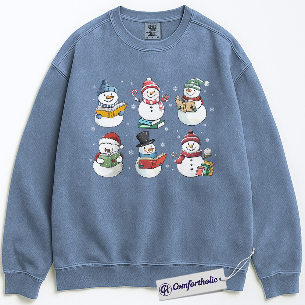 Christmas Bookworm Sweatshirt, Cute Snowman Reading Pullover, Winter Literary Graphic Sweatshirt, Holiday Gift for Teachers and Readers, Christmas Comfort Colors Sweatshirt - Image 4