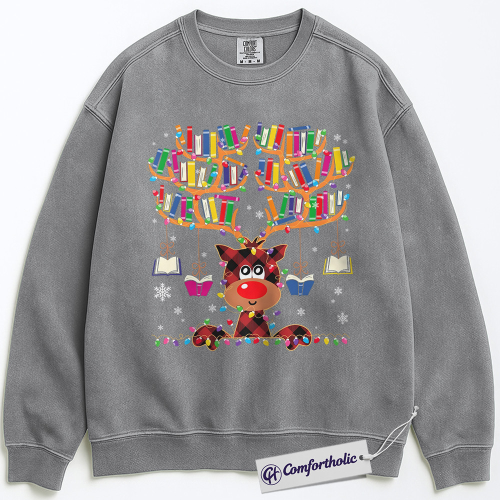 Book Lover Christmas Sweatshirt, Cute Reindeer Reading Sweatshirt, Funny Plaid Book Antler Graphic Sweatshirt, Holiday Gift for Teachers and Librarians, Christmas Comfort Colors Sweatshirt - Image 2