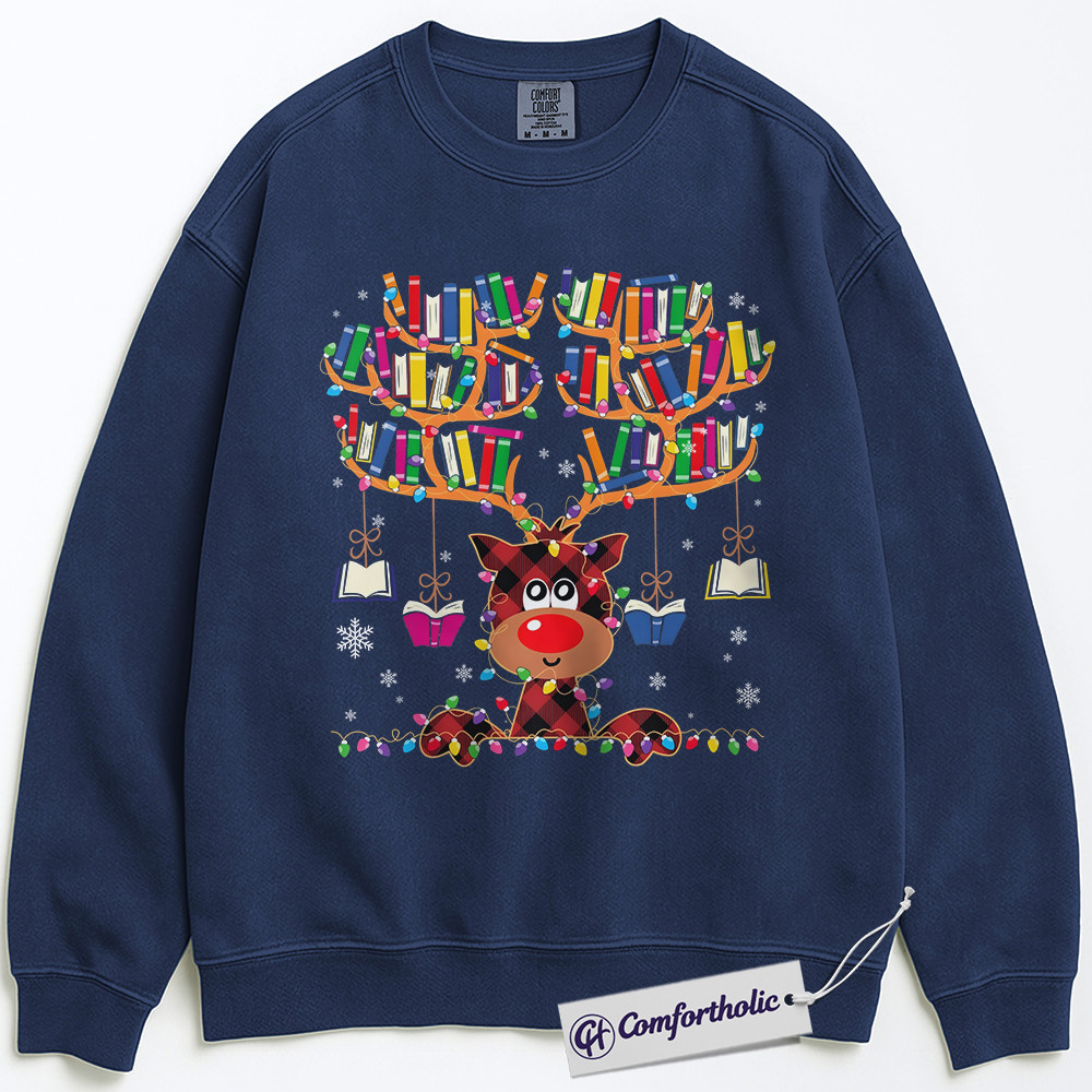 Book Lover Christmas Sweatshirt, Cute Reindeer Reading Sweatshirt, Funny Plaid Book Antler Graphic Sweatshirt, Holiday Gift for Teachers and Librarians, Christmas Comfort Colors Sweatshirt - Image 4