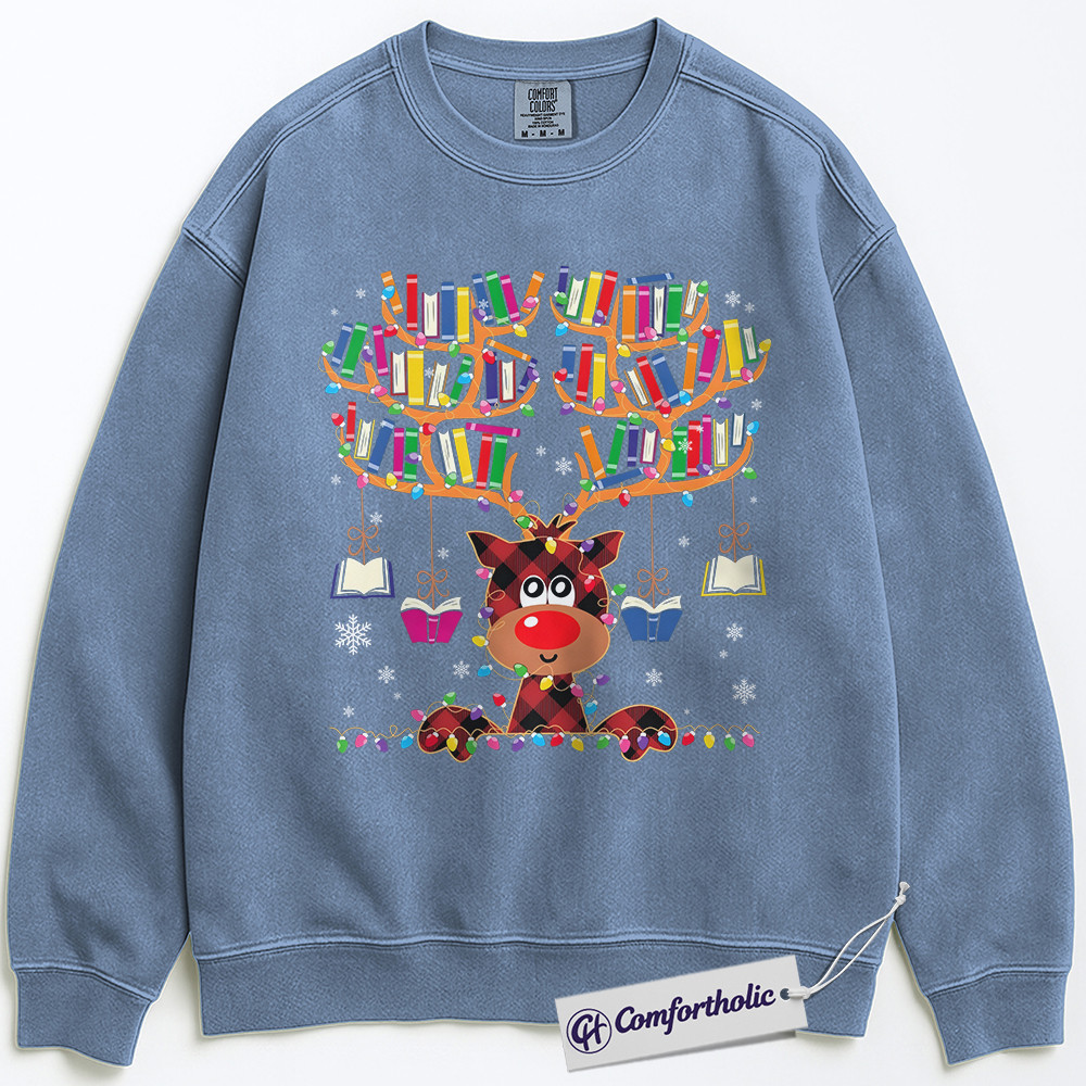 Book Lover Christmas Sweatshirt, Cute Reindeer Reading Sweatshirt, Funny Plaid Book Antler Graphic Sweatshirt, Holiday Gift for Teachers and Librarians, Christmas Comfort Colors Sweatshirt - Image 5