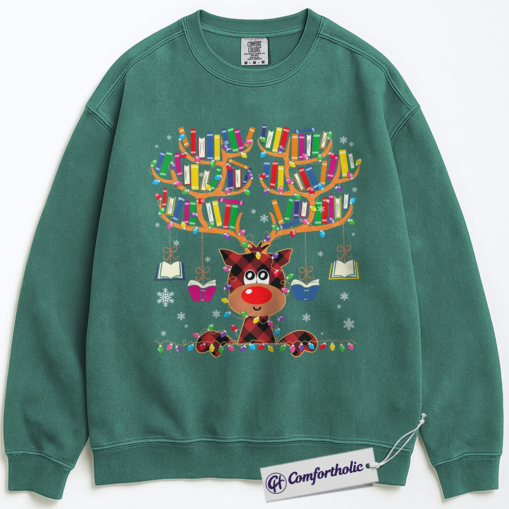 Book Lover Christmas Sweatshirt, Cute Reindeer Reading Sweatshirt, Funny Plaid Book Antler Graphic Sweatshirt, Holiday Gift for Teachers and Librarians, Christmas Comfort Colors Sweatshirt - Image 6