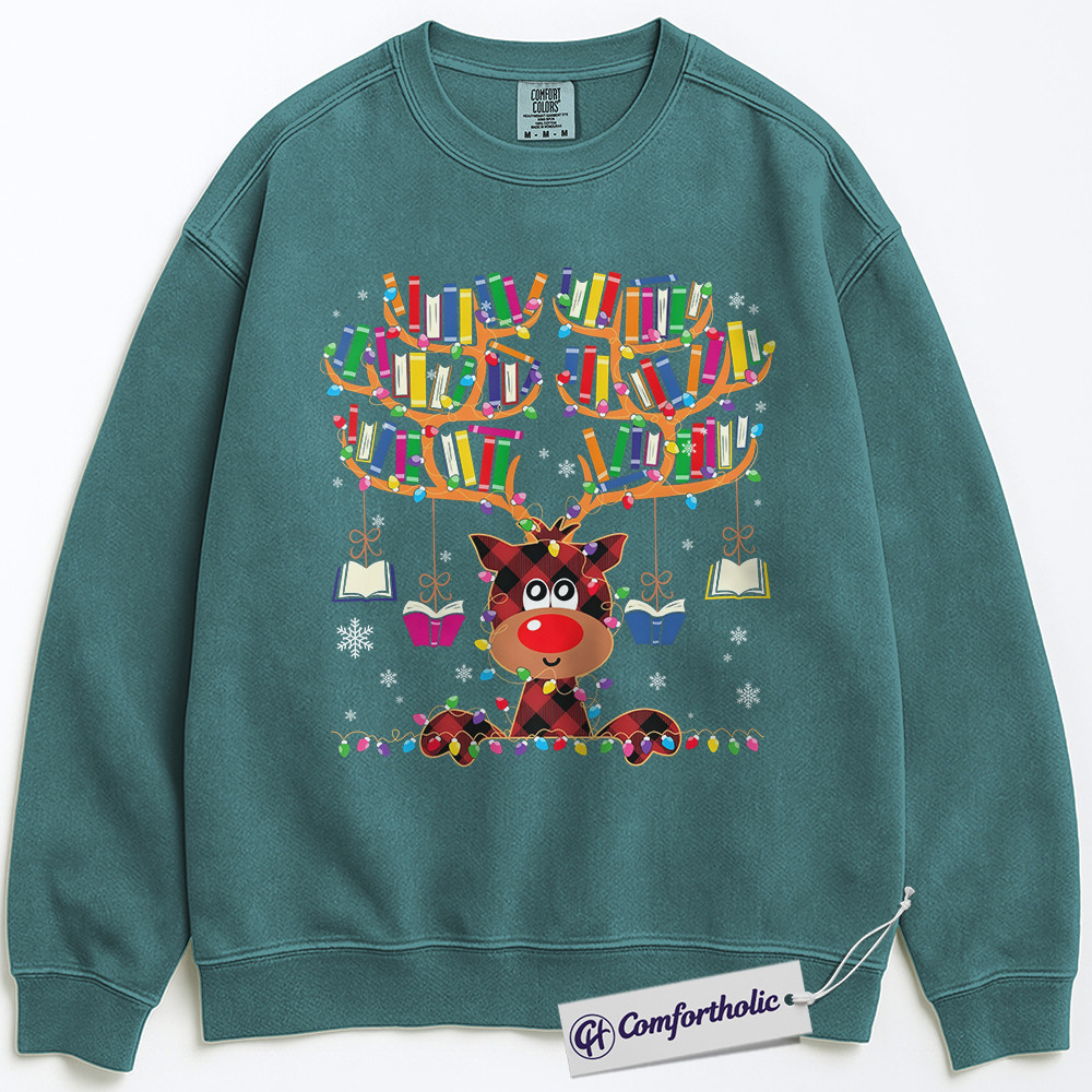 Book Lover Christmas Sweatshirt, Cute Reindeer Reading Sweatshirt, Funny Plaid Book Antler Graphic Sweatshirt, Holiday Gift for Teachers and Librarians, Christmas Comfort Colors Sweatshirt