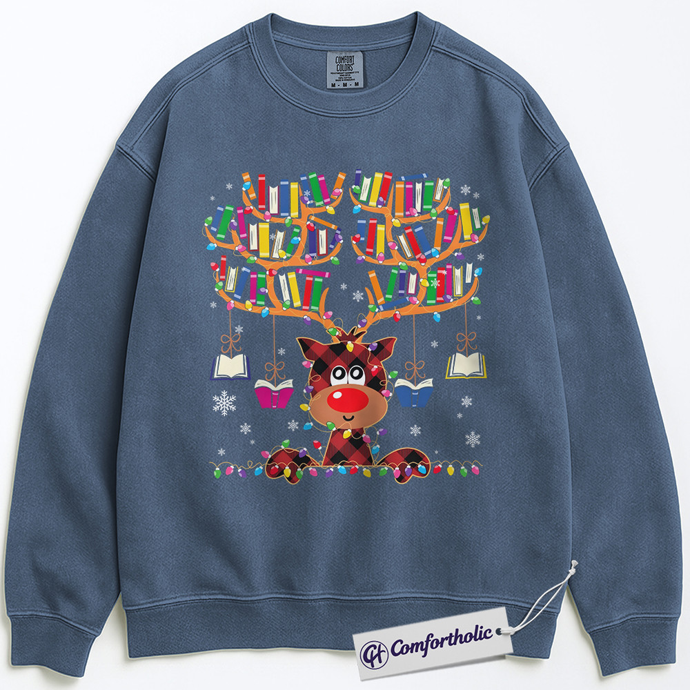 Book Lover Christmas Sweatshirt, Cute Reindeer Reading Sweatshirt, Funny Plaid Book Antler Graphic Sweatshirt, Holiday Gift for Teachers and Librarians, Christmas Comfort Colors Sweatshirt - Image 7
