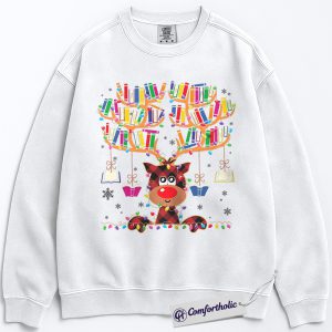 Book Lover Christmas Crewneck, Cute Reindeer Reading Sweatshirt, Funny Plaid Book Antler Graphic Pullover, Holiday Gift for Teachers & Librarians, Christmas Comfort Colors Sweatshirt