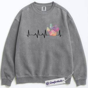 Alternative view of Colorful Paw Print Heartbeat Sweatshirt, Funny Vet Tech Pullover, Dog Cat Lover Graphic Crewneck, Rainbow Animal Rescue Gift, Comfort Colors Sweatshirt