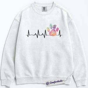 Colorful Paw Print Heartbeat Sweatshirt, Funny Vet Tech Pullover, Dog Cat Lover Graphic Crewneck, Rainbow Animal Rescue Gift, Comfort Colors Sweatshirt