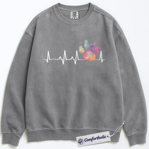 Alternative view of Colorful Paw Print Heartbeat Sweatshirt, Rainbow Vet Tech Crewneck, Funny Dog Cat Lover Pullover, Cute Animal Rescue Gift, Comfort Colors Sweatshirt