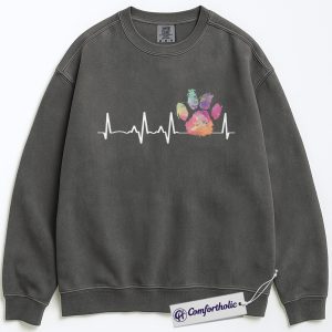 Colorful Paw Print Heartbeat Sweatshirt, Rainbow Vet Tech Crewneck, Funny Dog Cat Lover Pullover, Cute Animal Rescue Gift, Comfort Colors Sweatshirt