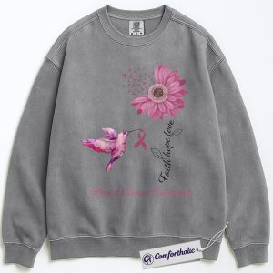 Alternative view of Faith Hope Love Breast Cancer Awareness Sweatshirt, Pink Ribbon Hummingbird Pullover, Floral Christian Support Crewneck for Women, October Cancer Awareness Gift, Comfort Colors Sweatshirt
