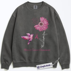 Alternative view of Faith Hope Love Breast Cancer Awareness Sweatshirt, Pink Ribbon Floral Crewneck, Christian Hummingbird Pullover for Women, October Support Gift, Comfort Colors Sweatshirt