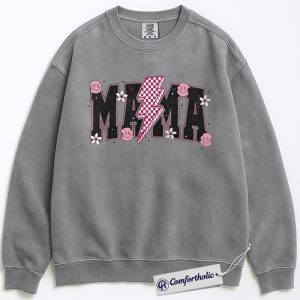 Alternative view of Lightning Bolt Mama Sweatshirt, Cute Retro Mom Pullover, Trendy Checker Smiley Face Graphic Crewneck, Aesthetic Mother’s Day Gift for Moms, Family Comfort Colors Sweatshirt