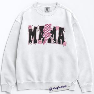Lightning Bolt Mama Sweatshirt, Cute Retro Mom Pullover, Trendy Checker Smiley Face Graphic Crewneck, Aesthetic Mother’s Day Gift for Moms, Family Comfort Colors Sweatshirt