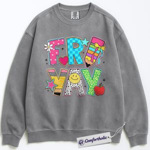 Alternative view of Friyay Teacher Sweatshirt, Happy Colorful Friday Crewneck for Women, Smiley Face Graphic Pullover, Fun School Spirit Comfort Colors Sweatshirt