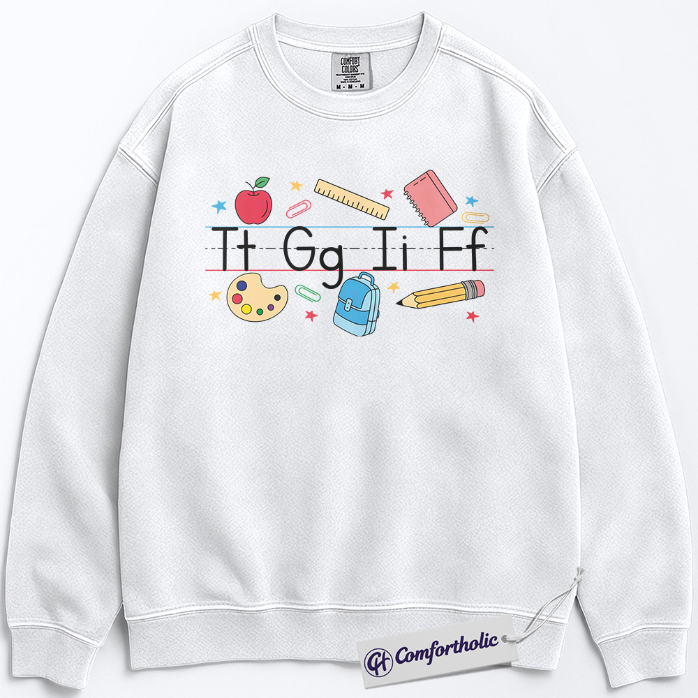 Alphabet Teacher Sweatshirt, Cute Back to School Pullover, Colorful Kindergarten Graphic Crewneck, Elementary Educator Gift, Comfort Colors Sweatshirt