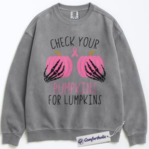 Alternative view of Check Your Pumpkins for Lumpkins Sweatshirt, Breast Cancer Awareness Pullover, Funny Pink Ribbon Graphic Crewneck, October Support Gift, Halloween Comfort Colors Sweatshirt