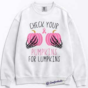 Check Your Pumpkins for Lumpkins Sweatshirt, Breast Cancer Awareness Pullover, Funny Pink Ribbon Graphic Crewneck, October Support Gift, Halloween Comfort Colors Sweatshirt