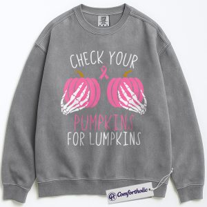 Alternative view of Check Your Pumpkins for Lumpkins Sweatshirt, Funny Breast Cancer Awareness Crewneck, Pink Ribbon Pullover, October Support Gift, Halloween Comfort Colors Sweatshirt