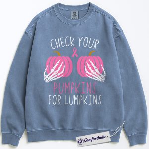 Check Your Pumpkins for Lumpkins Sweatshirt, Funny Breast Cancer Awareness Crewneck, Pink Ribbon Pullover, October Support Gift, Halloween Comfort Colors Sweatshirt