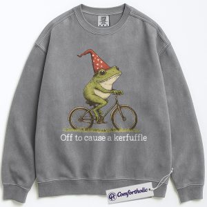 Alternative view of Funny Frog Wizard Sweatshirt, Whimsical Magical Frog Crewneck, Off to Cause a Kerfuffle Pullover, Cute Cottagecore Gift for Frog Lovers, Comfort Colors Sweatshirt