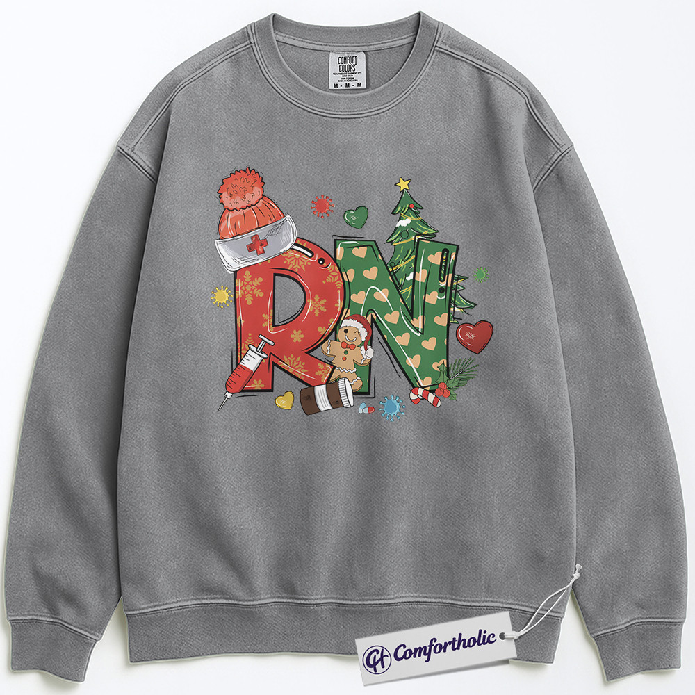 Christmas RN Nurse Sweatshirt, Cute Registered Nurse Holiday Sweatshirt, Medical Gingerbread and Tree Graphic Sweatshirt, Festive Gift for Healthcare Workers, Christmas Comfort Colors Sweatshirt - Image 3