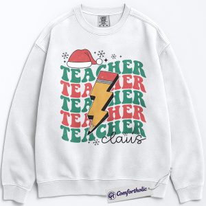 Teacher Claus Christmas Sweatshirt, Funny Holiday Teacher Sweatshirt, Lightning Bolt Retro Graphic Sweatshirt, Cute Gift for Educators and School Staff, Christmas Comfort Colors Sweatshirt