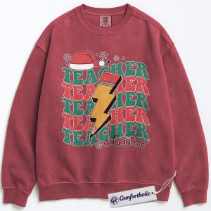 Teacher Claus Christmas Crewneck, Funny Holiday Teacher Sweatshirt, Retro Lightning Bolt Graphic Pullover, Cute Gift for Educators and School Staff, Christmas Comfort Colors Sweatshirt