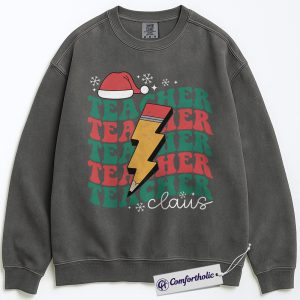 Alternative view of Teacher Claus Christmas Sweatshirt, Funny Holiday Teacher Pullover, Lightning Bolt Retro Graphic Sweatshirt, Cute Gift for Educators and School Staff, Christmas Comfort Colors Sweatshirt