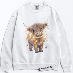 Alternative view of Highland Cow Christmas Sweatshirt, Cute Scottish Cow in Holiday Lights Sweatshirt, Farm Animal Christmas Graphic Sweatshirt, Country Western Holiday Gift, Christmas Comfort Colors Sweatshirt