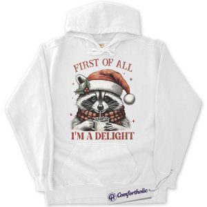 Alternative view of Raccoon Christmas Hoodie, Funny Holiday Animal Hoodie, Cute Santa Raccoon Hot Cocoa Graphic Pullover, Christmas Gift for Animal Lovers, Christmas Comfort Colors Hoodie