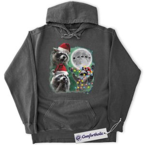 Alternative view of Raccoon Christmas Hoodie, Funny Animal Holiday Hoodie, Cute Raccoon in Santa Hat Graphic Pullover, Christmas Gift for Animal Lovers, Christmas Comfort Colors Hoodie