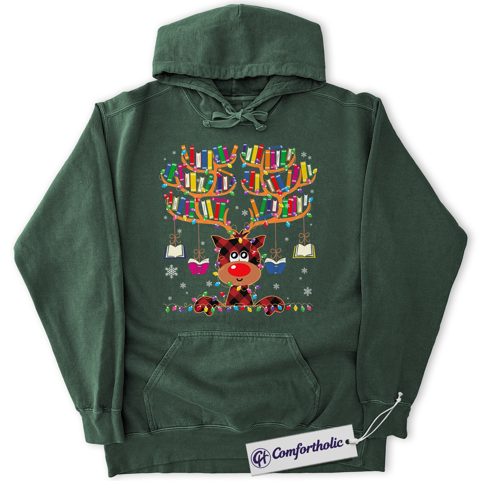 Book Lover Christmas Hoodie, Cute Reindeer Reading Hoodie, Funny Plaid Book Antler Graphic Pullover, Holiday Gift for Teachers and Librarians, Christmas Comfort Colors Hoodie - Image 4