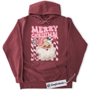 Retro Merry Christmas Hoodie, Vintage Santa Claus Hoodie, Cute Pink Holiday Graphic Pullover, Festive Xmas Gift, Christmas Comfort Colors Hoodie