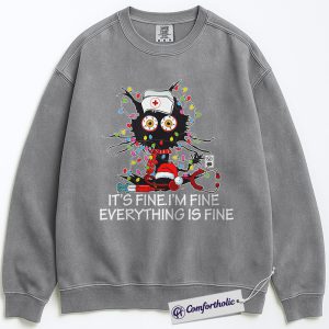 Alternative view of It’s Fine I’m Fine Everything Is Fine Nurse Sweatshirt, Funny Christmas Cat Sweatshirt, Cute RN Holiday Humor Graphic Sweatshirt, Stress Relief Gift for Nurses, Christmas Comfort Colors Sweatshirt