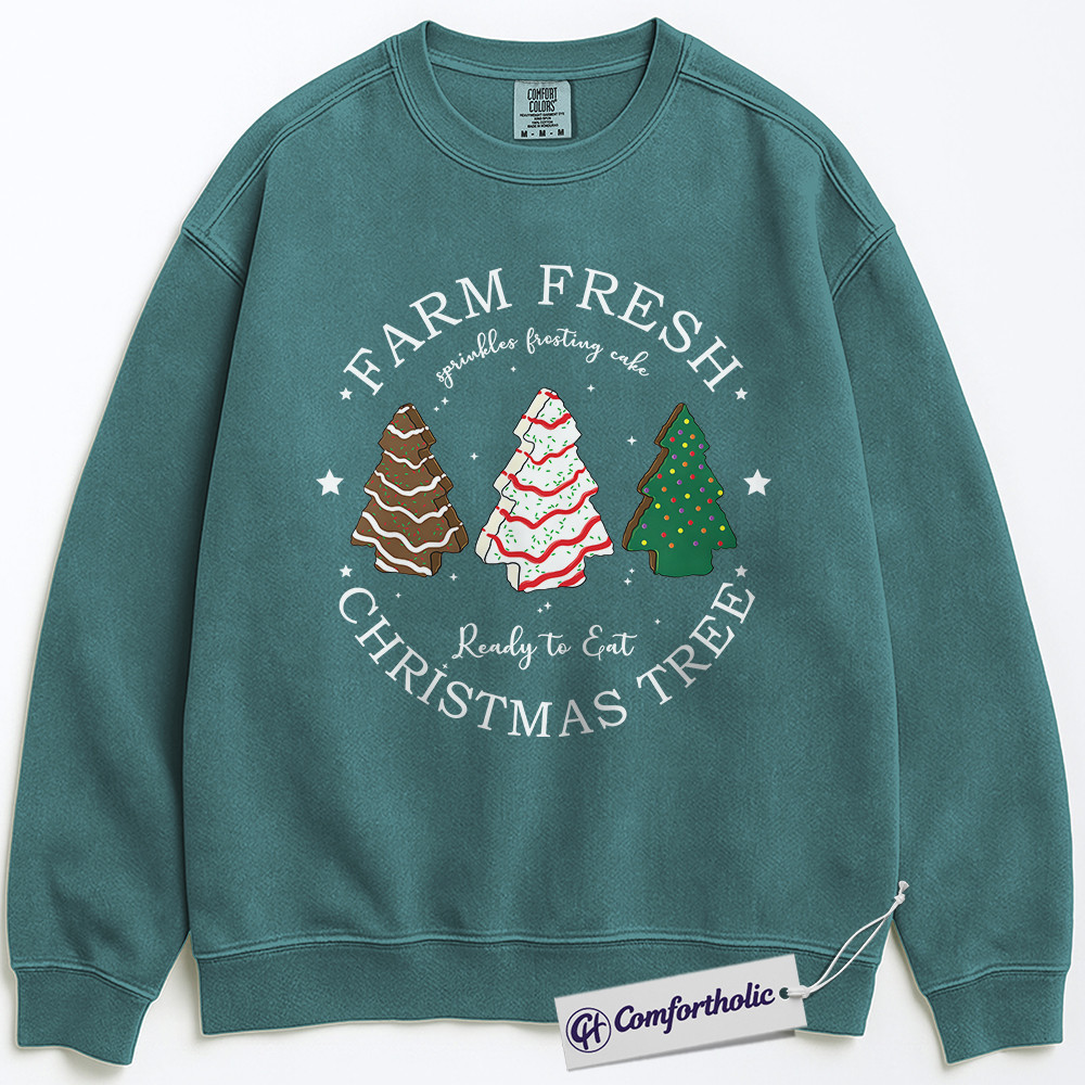 Farm Fresh Christmas Tree Sweatshirt, Cute Holiday Dessert Crewneck, Funny Frosted Cake Tree Graphic Pullover, Sweet Foodie Gift for Christmas, Christmas Comfort Colors Sweatshirt