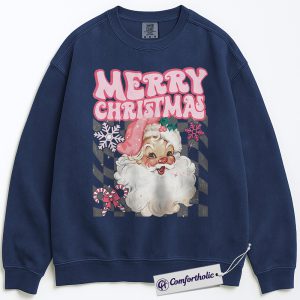 Retro Merry Christmas Sweatshirt, Vintage Santa Claus Pullover, Cute Pink Holiday Graphic Crewneck, Festive Xmas Gift for Women, Christmas Comfort Colors Sweatshirt