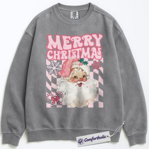 Alternative view of Retro Merry Christmas Sweatshirt, Vintage Santa Claus Pullover, Cute Pink Holiday Graphic Crewneck, Festive Xmas Gift for Women, Christmas Comfort Colors Sweatshirt