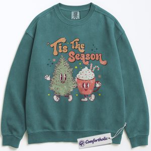 Tis The Season Sweatshirt, Cute Christmas Tree and Hot Cocoa Pullover, Funny Holiday Graphic Crewneck, Festive Winter Gift for Women, Christmas Comfort Colors Sweatshirt