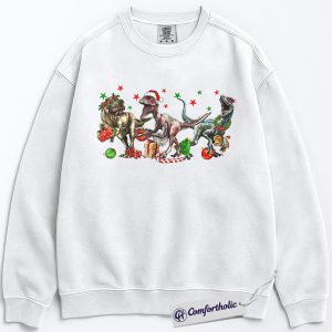 Alternative view of Dinosaur Christmas Sweatshirt, Funny T-Rex and Velociraptor Holiday Pullover, Cute Jurassic Christmas Graphic Crewneck, Prehistoric Dino Lover Gift, Christmas Comfort Colors Sweatshirt