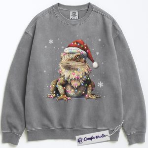 Alternative view of Bearded Dragon Christmas Sweatshirt, Funny Lizard Santa Hat Pullover, Cute Reptile Lover Holiday Graphic Crewneck, Festive Pet Gift for Her & Him, Exotic Pet Comfort Colors Sweatshirt