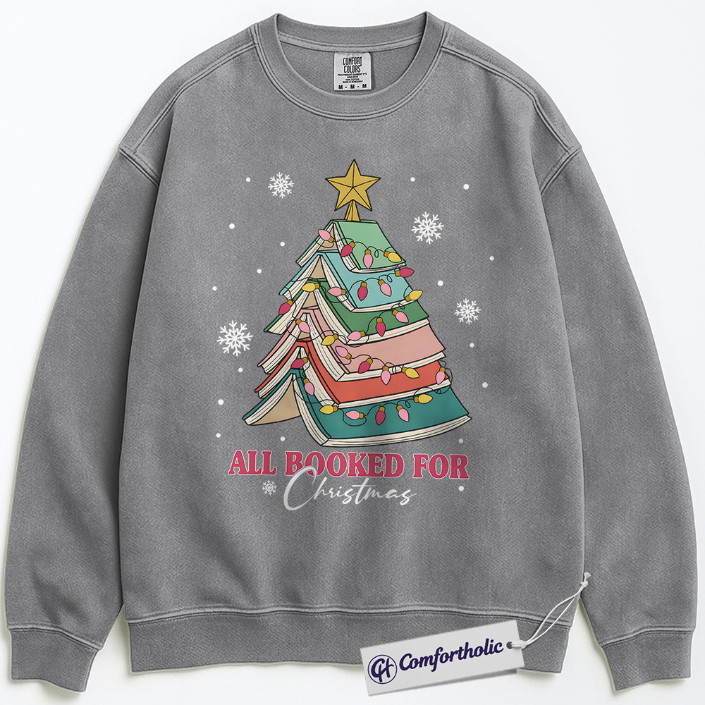 All Booked for Christmas Sweatshirt, Funny Book Lover Holiday Pullover, Cute Reading Christmas Tree Graphic Crewneck, Literary Gift for Readers, Christmas Comfort Colors Sweatshirt - Image 2