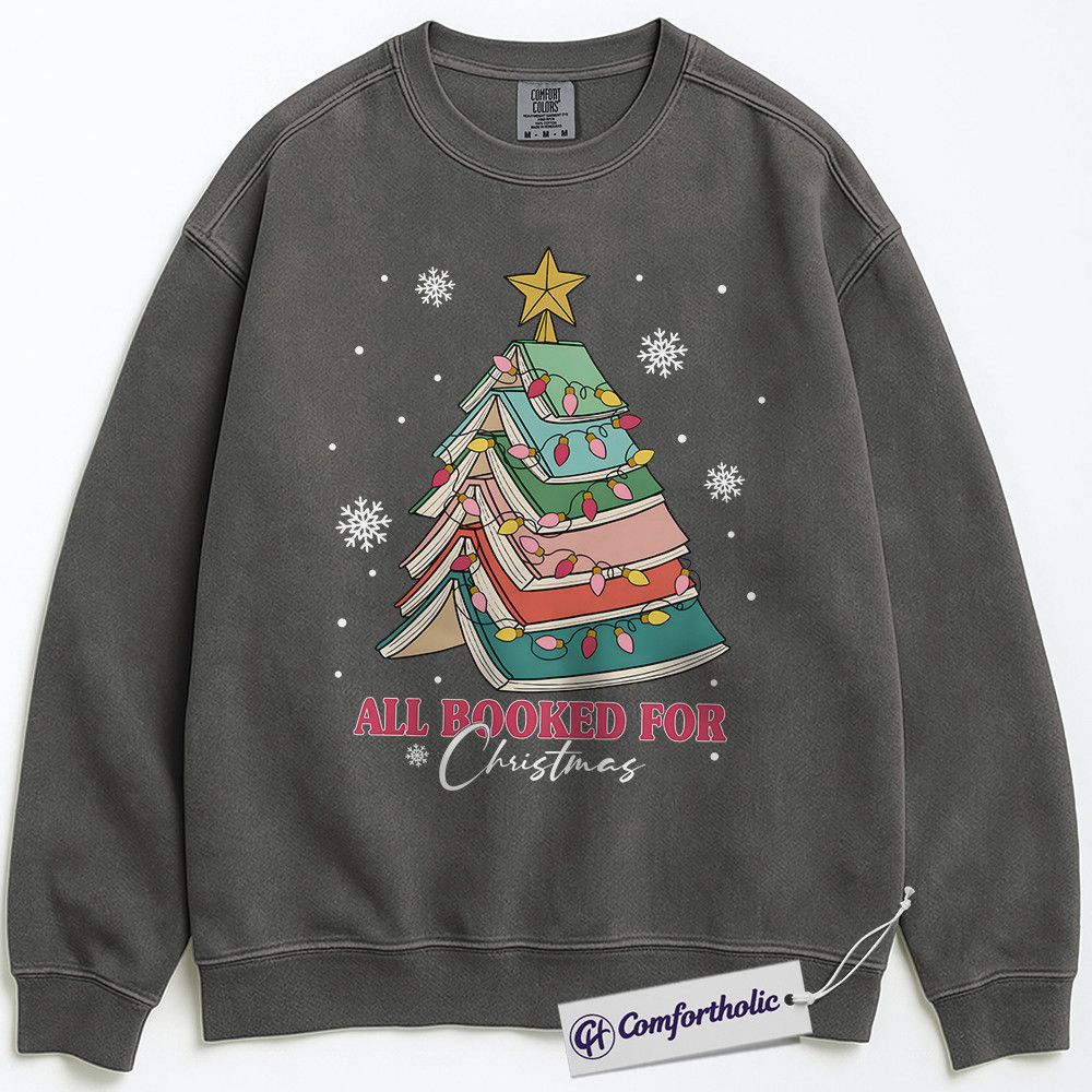 All Booked for Christmas Sweatshirt, Funny Book Lover Holiday Pullover, Cute Reading Christmas Tree Graphic Crewneck, Literary Gift for Readers, Christmas Comfort Colors Sweatshirt - Image 3