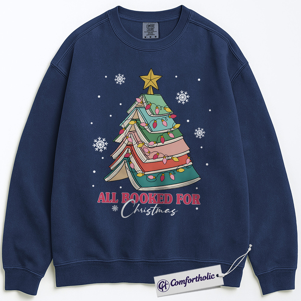 All Booked for Christmas Sweatshirt, Funny Book Lover Holiday Pullover, Cute Reading Christmas Tree Graphic Crewneck, Literary Gift for Readers, Christmas Comfort Colors Sweatshirt - Image 4