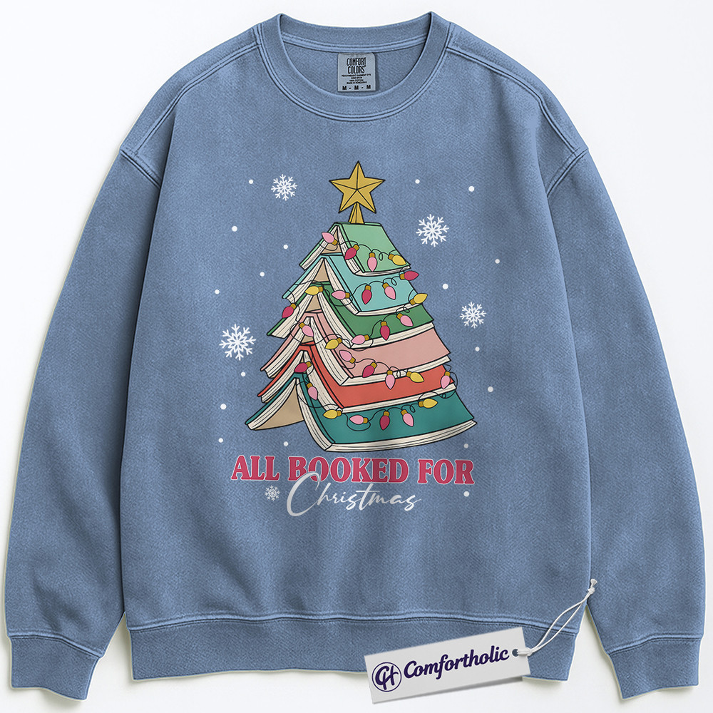 All Booked for Christmas Sweatshirt, Funny Book Lover Holiday Pullover, Cute Reading Christmas Tree Graphic Crewneck, Literary Gift for Readers, Christmas Comfort Colors Sweatshirt - Image 5