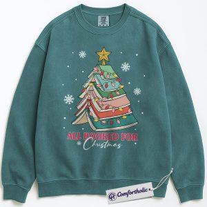 All Booked for Christmas Sweatshirt, Funny Book Lover Holiday Pullover, Cute Reading Christmas Tree Graphic Crewneck, Literary Gift for Readers, Christmas Comfort Colors Sweatshirt